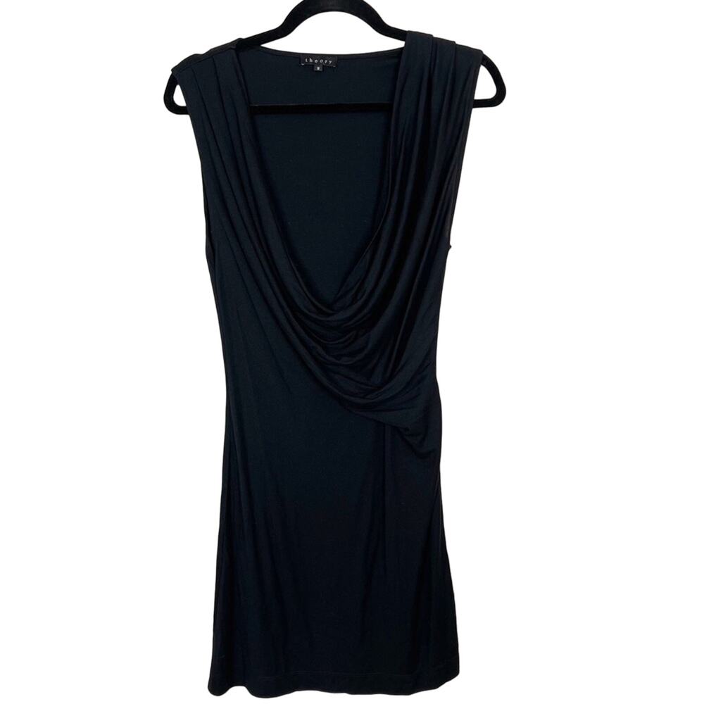 Theory Size 2 Black Mica Cowl Wrap Drape Sleeveless Dress Casual Rayon Blend